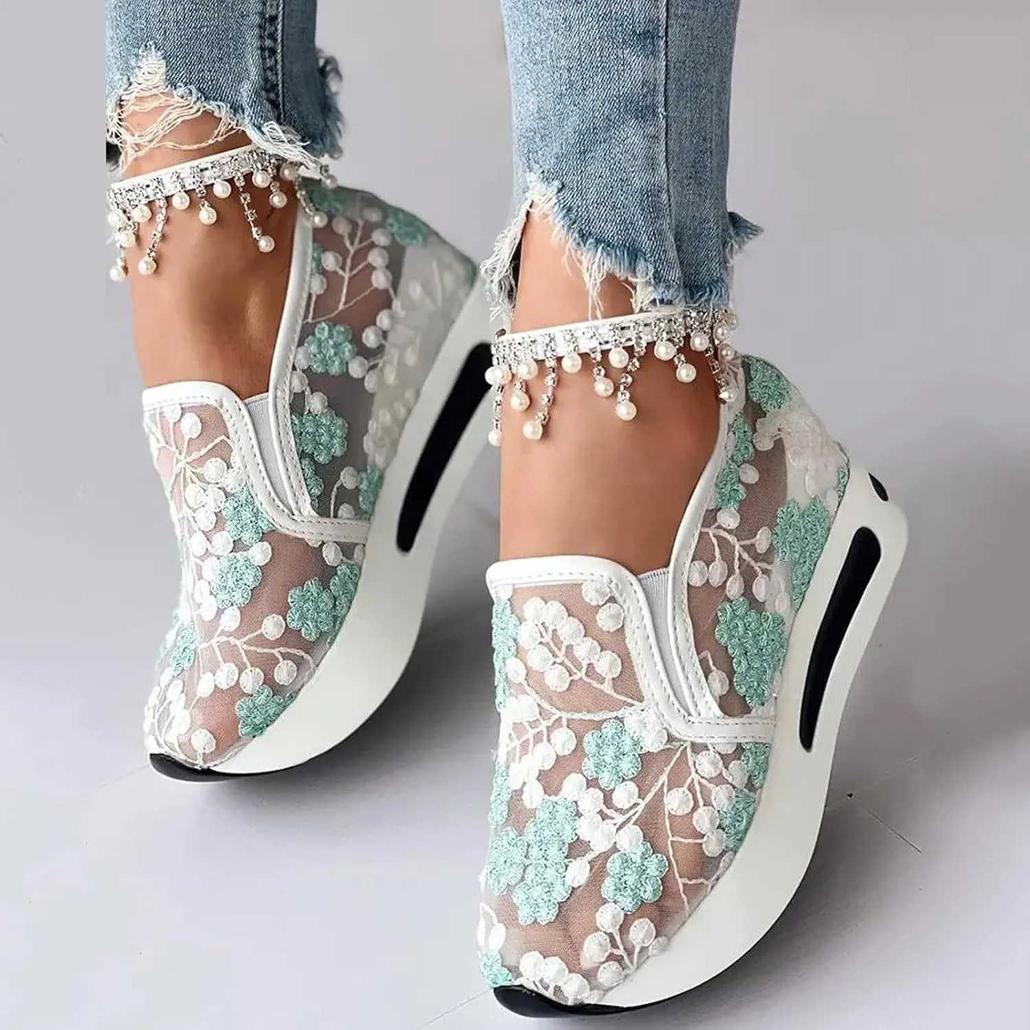 Platform Wedge Sneakers for Women Comfortable Orthopedic Shoes with Arch Support Breathable Mesh Floral Embroidery Sneakers Casual Slip On Shoes Fashion Walking Shoe
