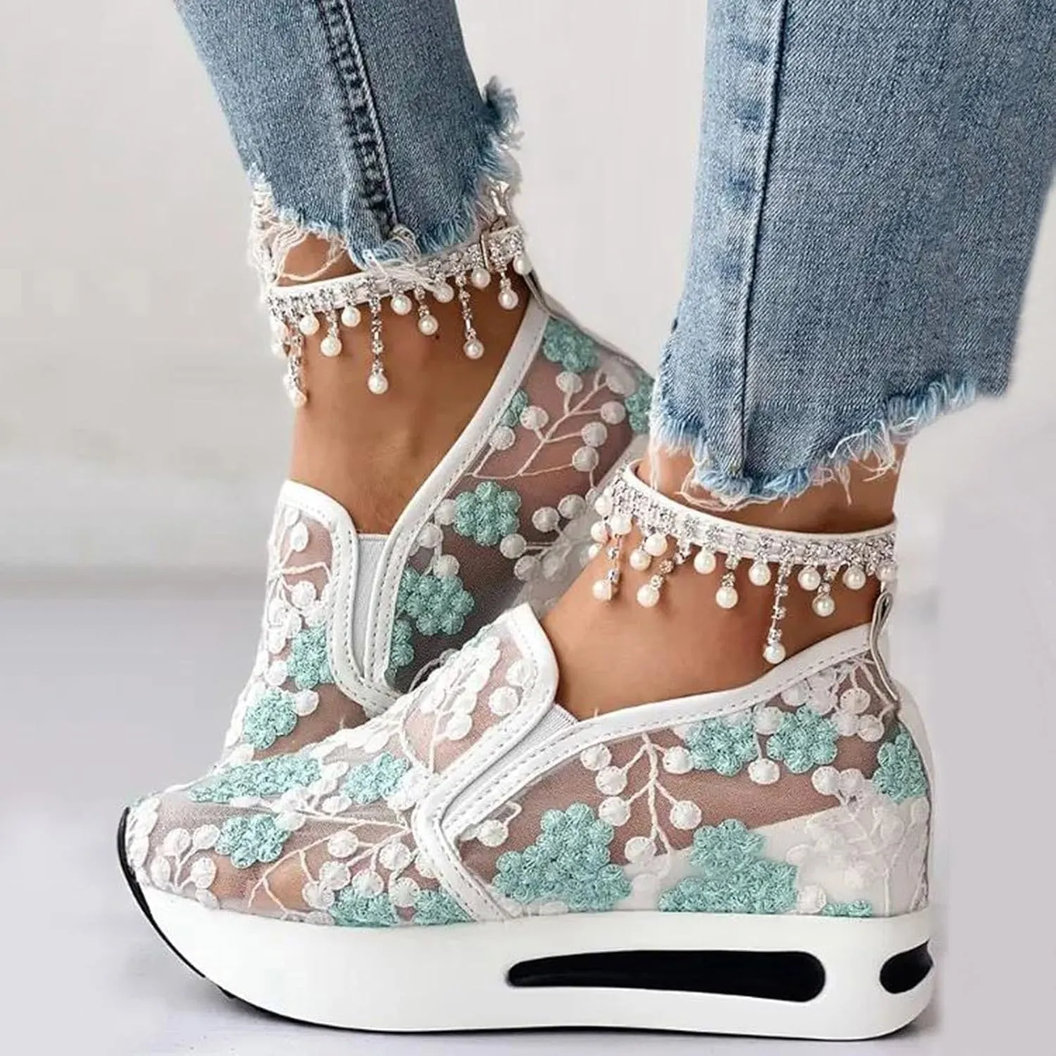 Platform Wedge Sneakers for Women Comfortable Orthopedic Shoes with Arch Support Breathable Mesh Floral Embroidery Sneakers Casual Slip On Shoes Fashion Walking Shoe