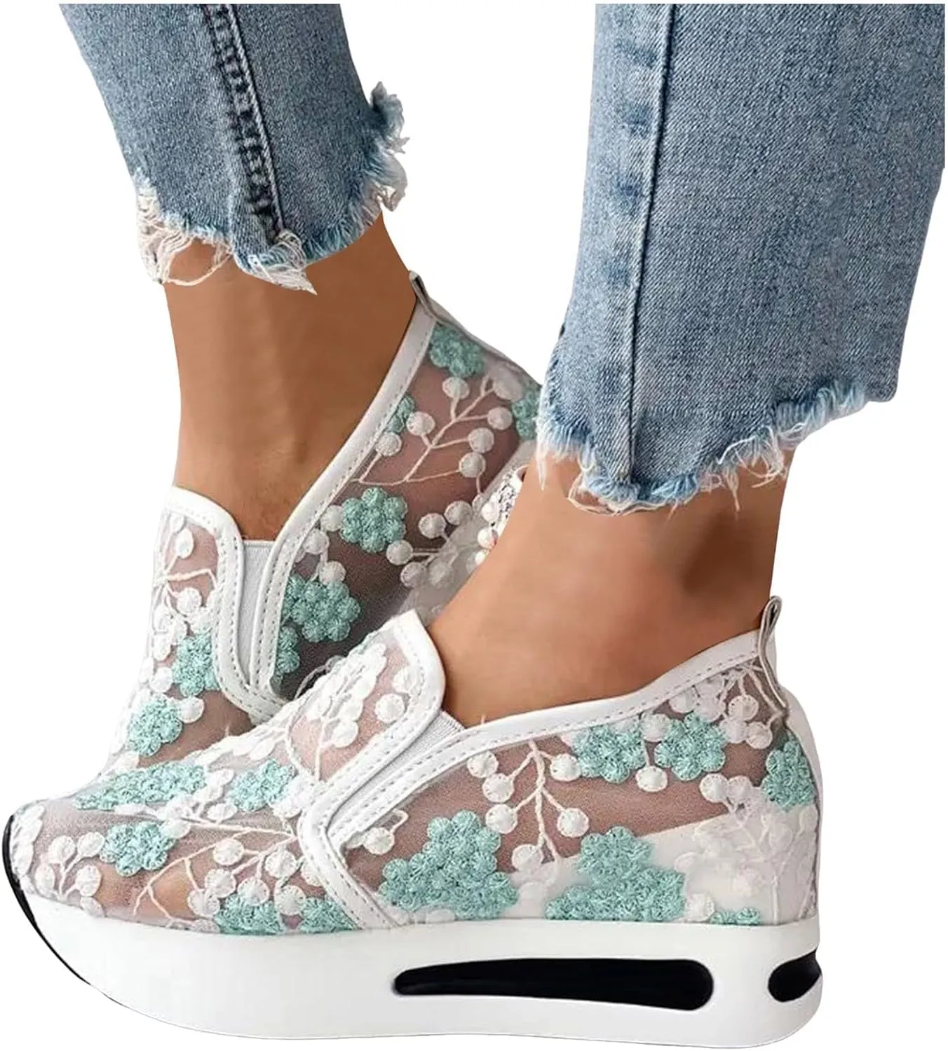 Platform Wedge Sneakers for Women Comfortable Orthopedic Shoes with Arch Support Breathable Mesh Floral Embroidery Sneakers Casual Slip On Shoes Fashion Walking Shoe