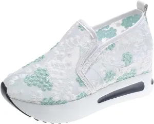 Platform Wedge Sneakers for Women Comfortable Orthopedic Shoes with Arch Support Breathable Mesh Floral Embroidery Sneakers Casual Slip On Shoes Fashion Walking Shoe