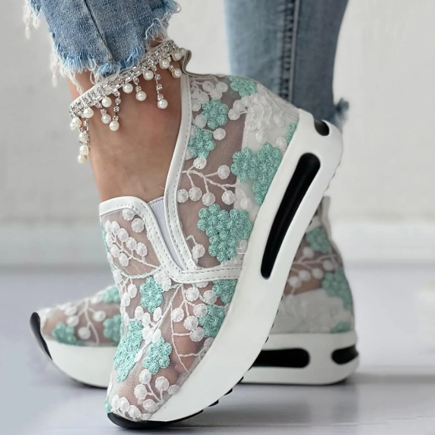 Platform Wedge Sneakers for Women Comfortable Orthopedic Shoes with Arch Support Breathable Mesh Floral Embroidery Sneakers Casual Slip On Shoes Fashion Walking Shoe