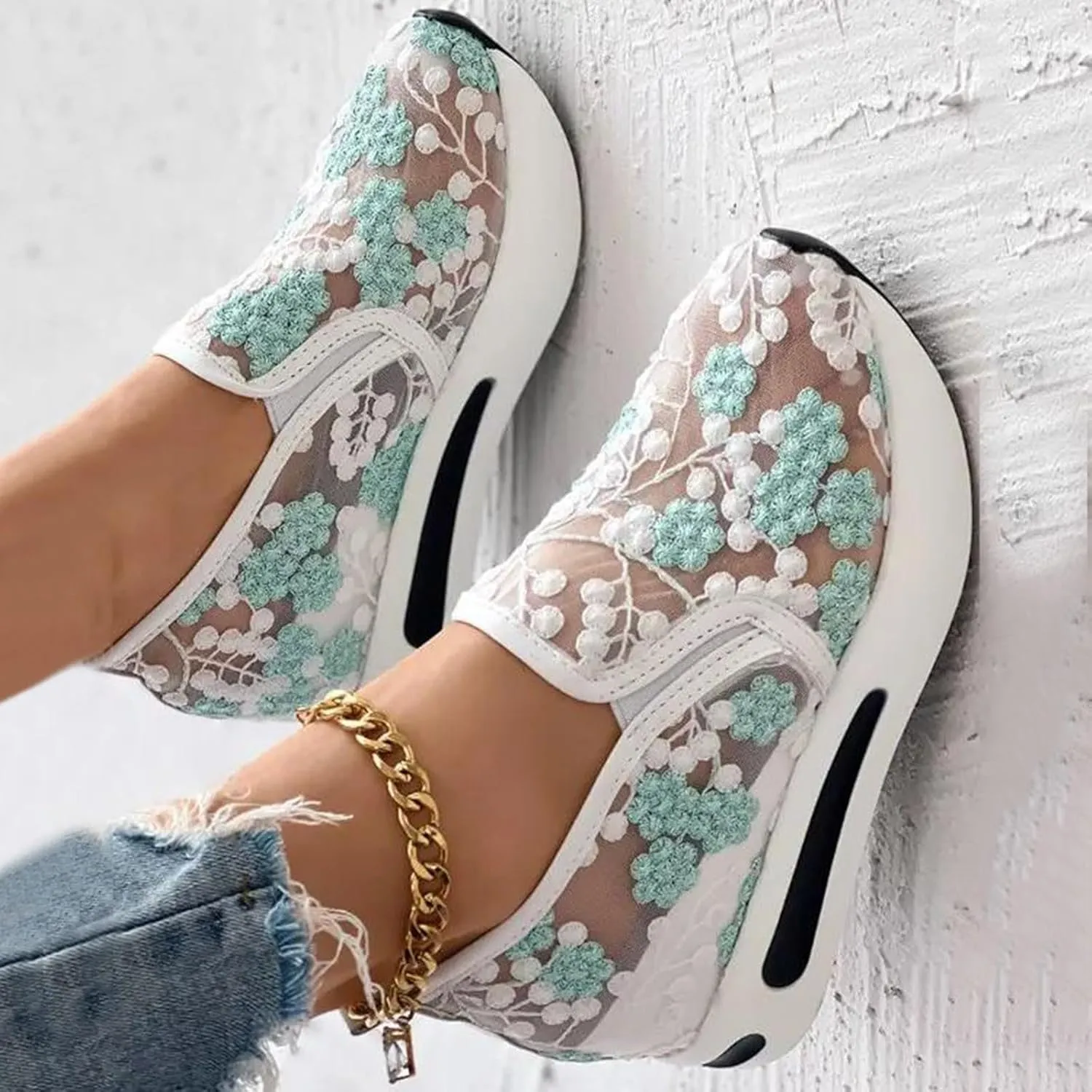 Platform Wedge Sneakers for Women Comfortable Orthopedic Shoes with Arch Support Breathable Mesh Floral Embroidery Sneakers Casual Slip On Shoes Fashion Walking Shoe