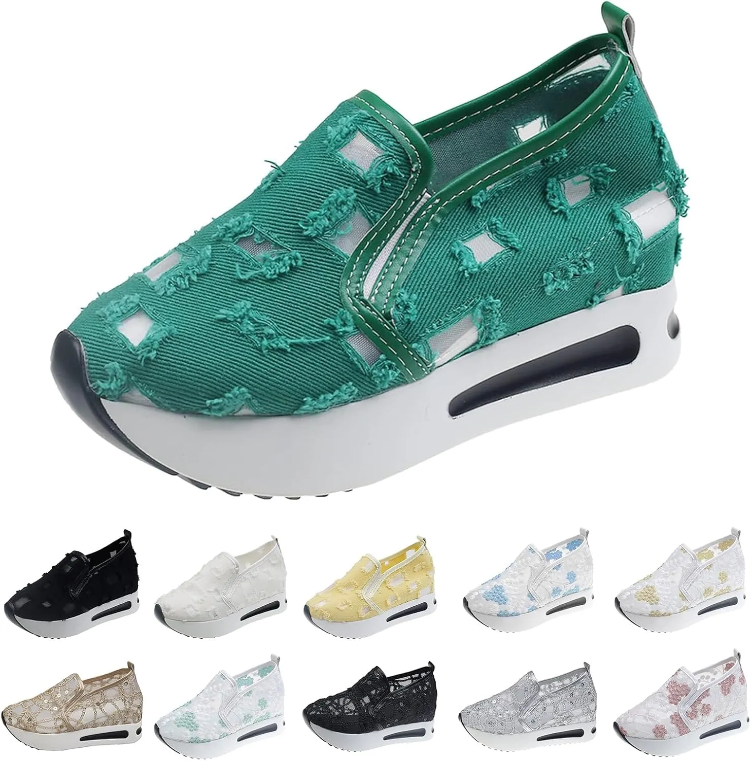 Platform Wedge Sneakers for Women Dressy Floral Embroidery Sheer Mesh Lace Sneakers Slip On Walking Shoes Loafers Breathable Workout Shoes