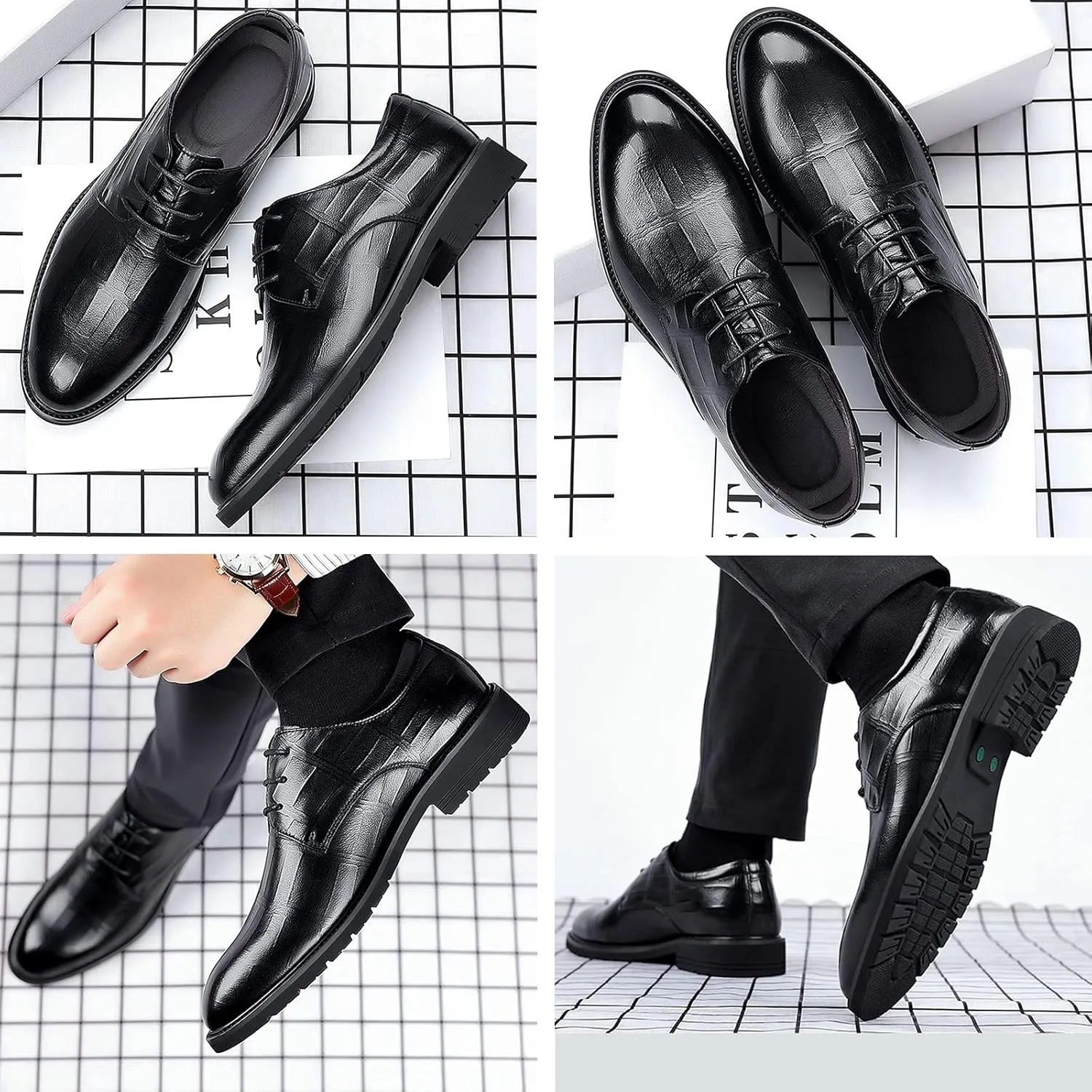 PURCHAWEE Men's Plaid Derby Shoes Dress Shoes,Leather Burnished Embossed Non-Slip Lace Up Round Toe Block Heel Formal Business Shoes