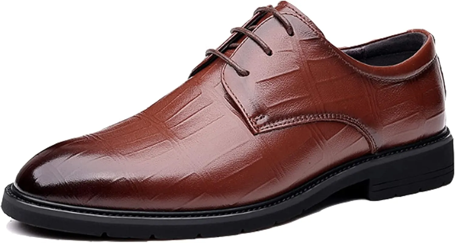 PURCHAWEE Men's Plaid Derby Shoes Dress Shoes,Leather Burnished Embossed Non-Slip Lace Up Round Toe Block Heel Formal Business Shoes