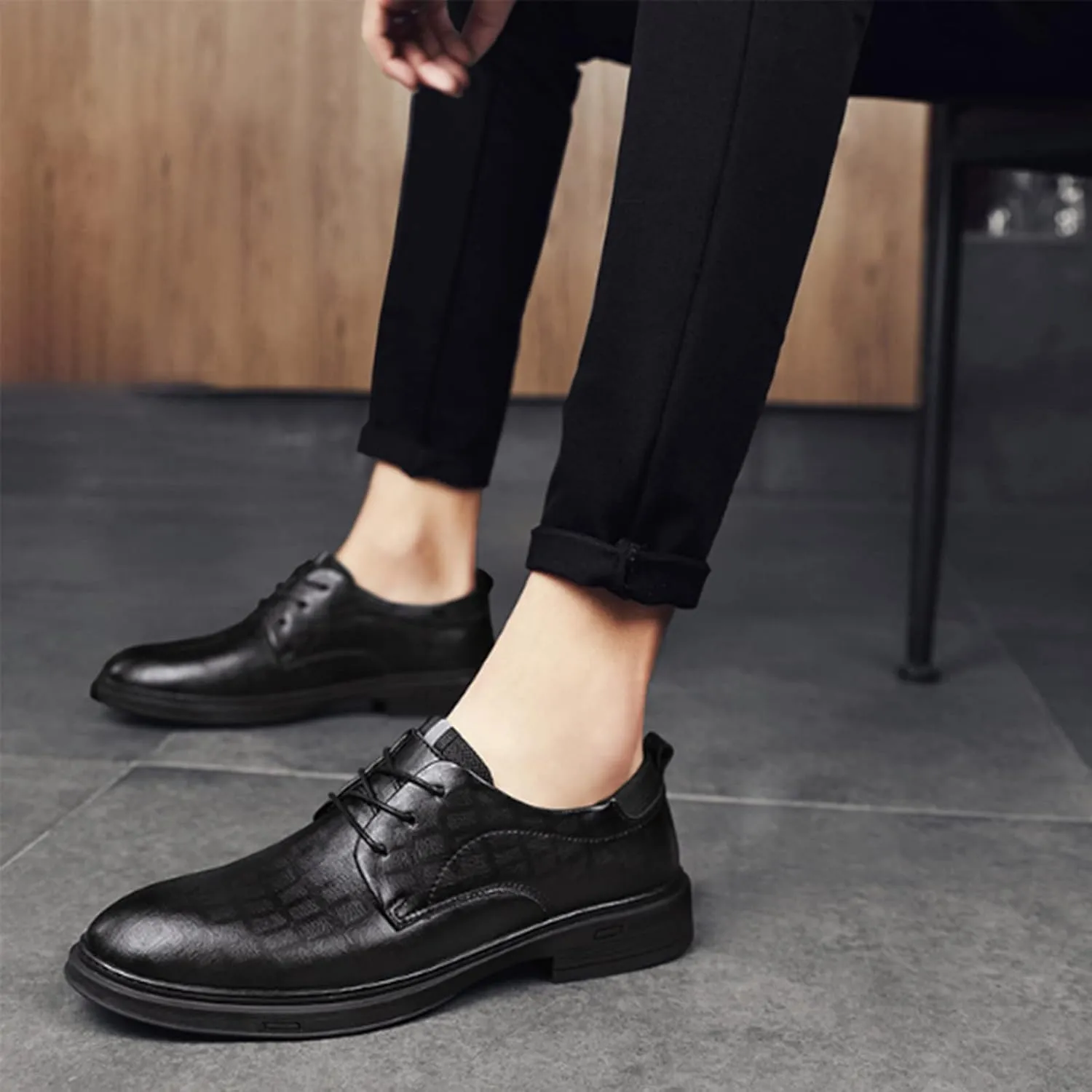 PURCHAWEE Men's Plaid Derby Shoes Dress Shoes,Leather Burnished Embossed Non Slip Lace Up Round Toe Block Heel Formal Business Shoes