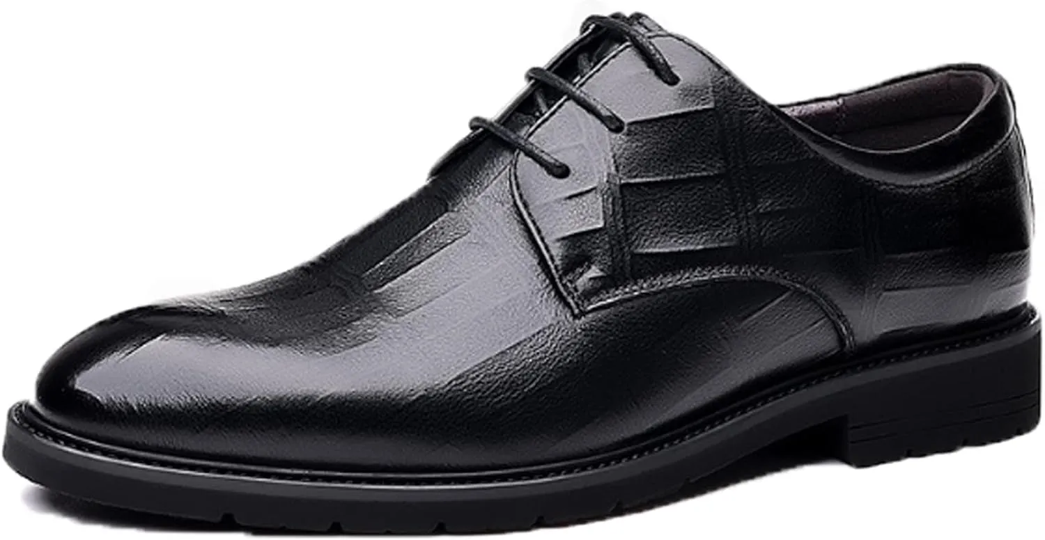 PURCHAWEE Men's Plaid Derby Shoes Dress Shoes,Leather Burnished Embossed Non-Slip Lace Up Round Toe Block Heel Formal Business Shoes