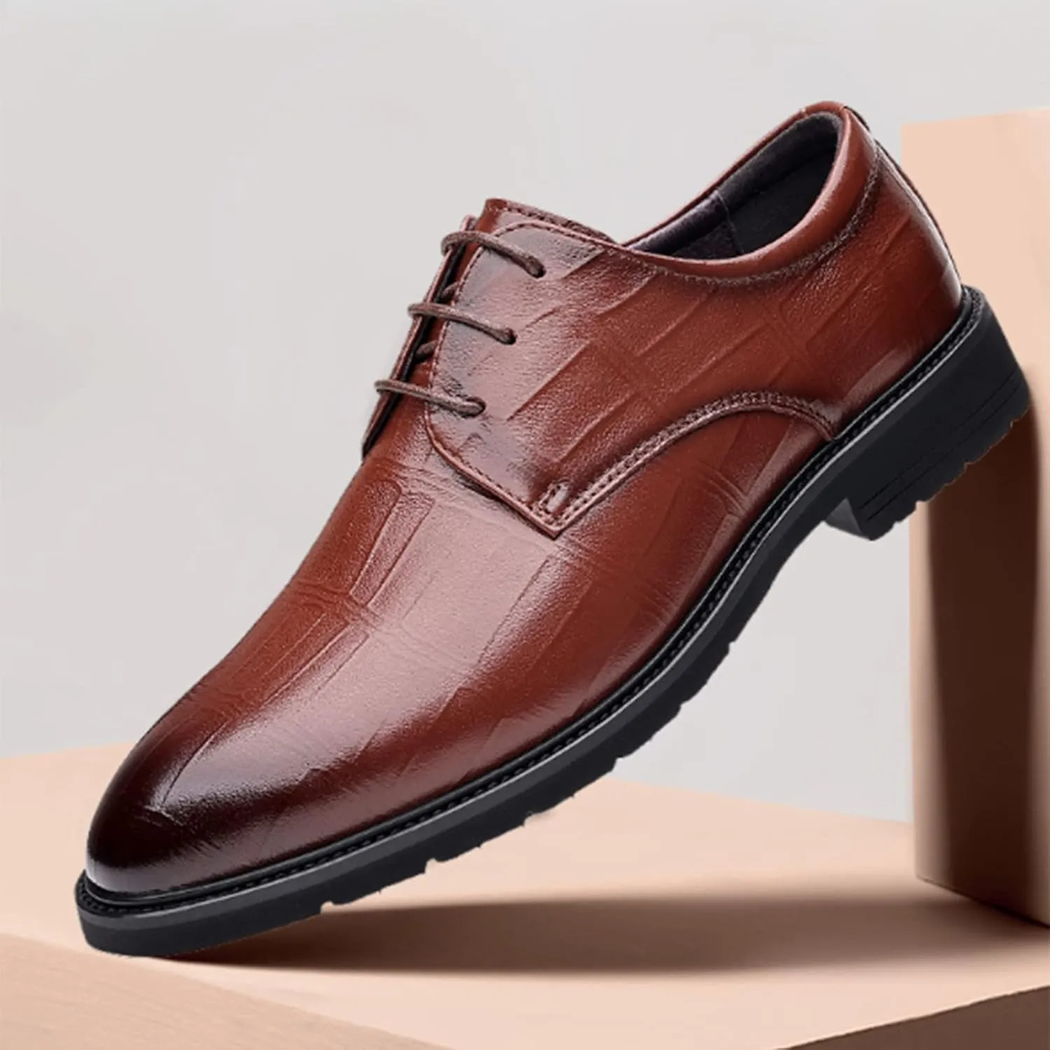 PURCHAWEE Men's Plaid Derby Shoes Dress Shoes,Leather Burnished Embossed Non-Slip Lace Up Round Toe Block Heel Formal Business Shoes
