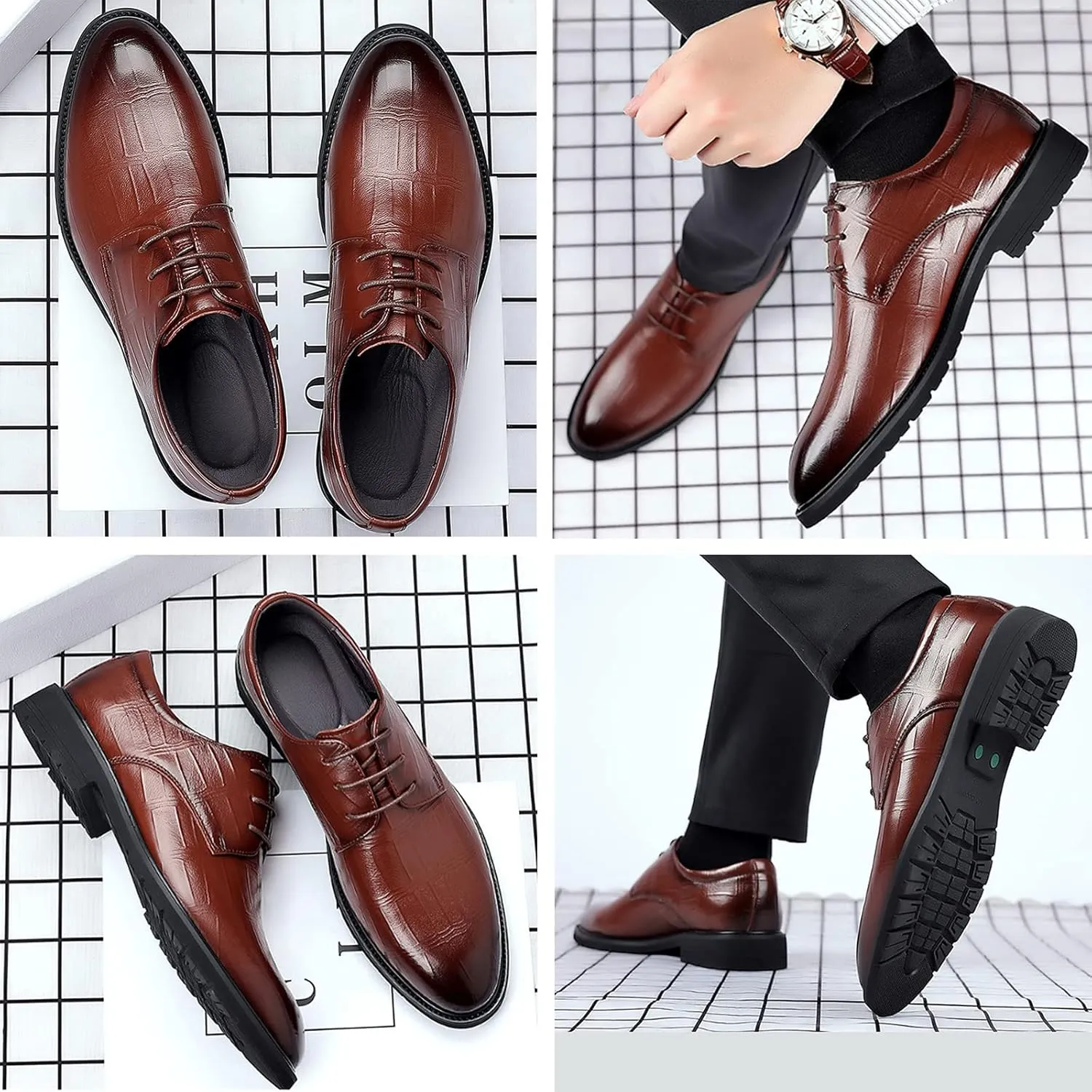 PURCHAWEE Men's Plaid Derby Shoes Dress Shoes,Leather Burnished Embossed Non-Slip Lace Up Round Toe Block Heel Formal Business Shoes