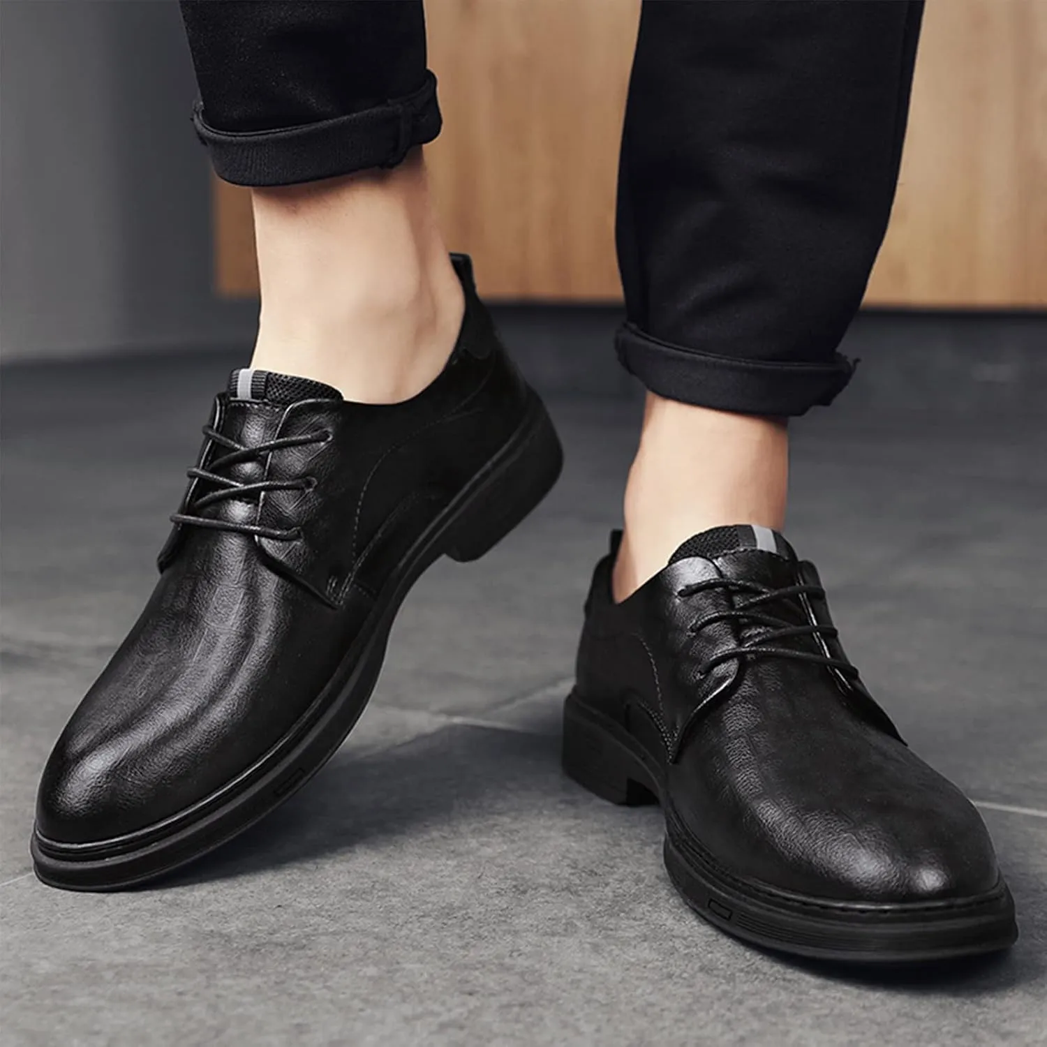 PURCHAWEE Men's Plaid Derby Shoes Dress Shoes,Leather Burnished Embossed Non Slip Lace Up Round Toe Block Heel Formal Business Shoes