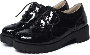 SHEMEE Patent Leather Chunky Mid Heels Wingtip Oxfords Lug Sole Brogues Platform Saddle Shoes for Women (Black,US 9)