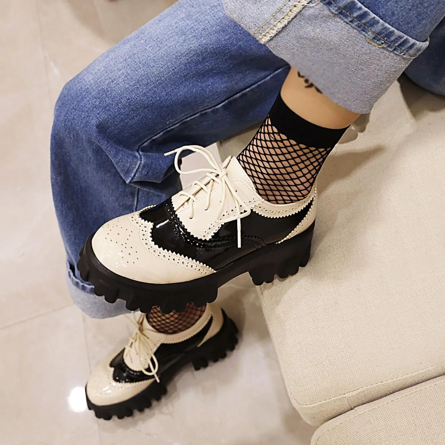 SHEMEE Patent Leather Chunky Mid Heels Wingtip Oxfords Lug Sole Brogues Platform Saddle Shoes for Women