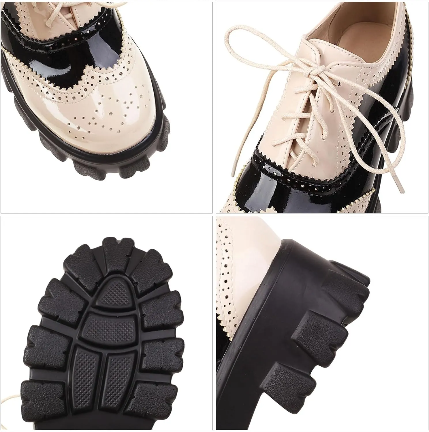 SHEMEE Patent Leather Chunky Mid Heels Wingtip Oxfords Lug Sole Brogues Platform Saddle Shoes for Women