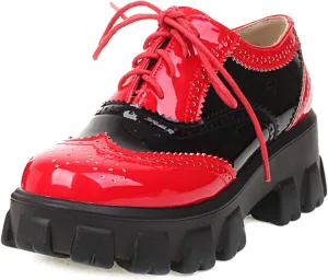 SHEMEE Patent Leather Chunky Mid Heels Wingtip Oxfords Lug Sole Brogues Platform Saddle Shoes for Women