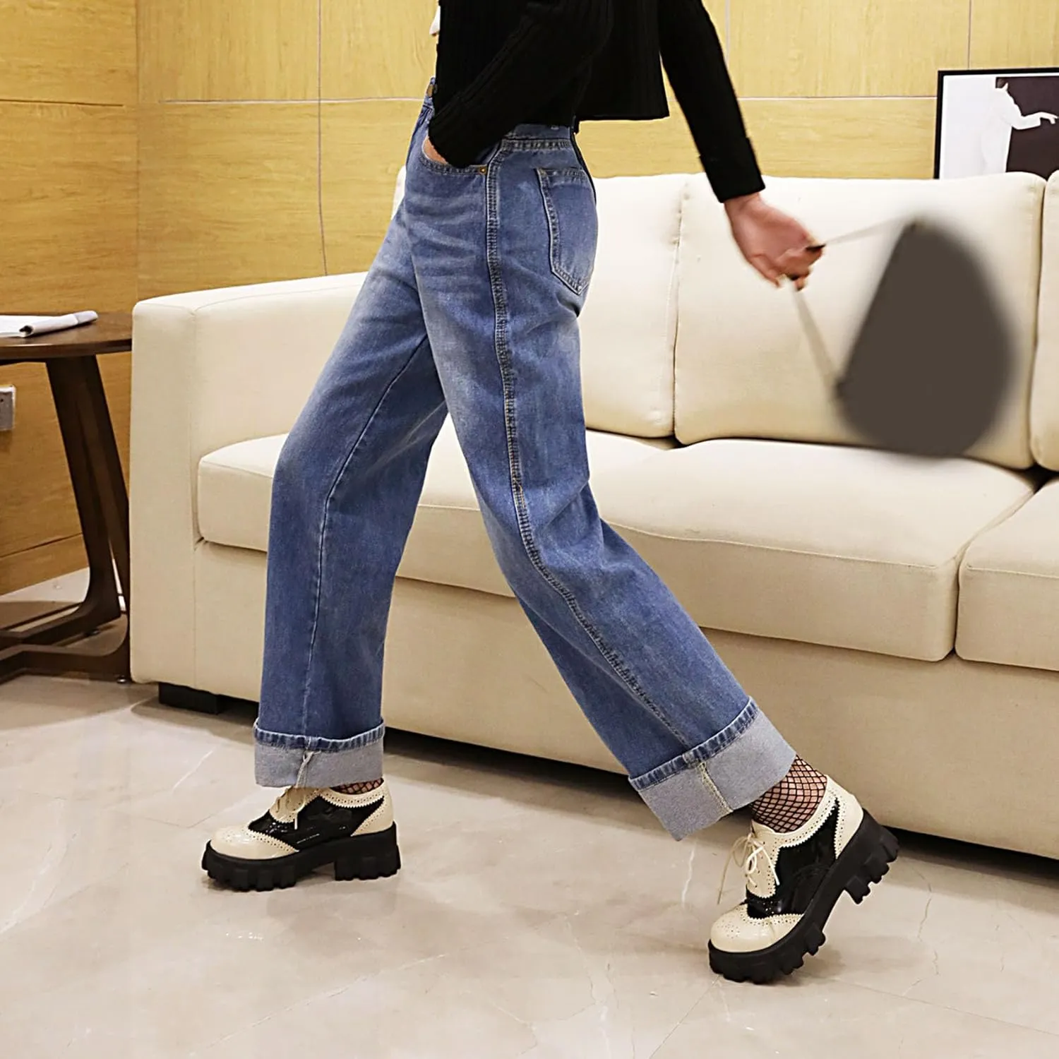 SHEMEE Patent Leather Chunky Mid Heels Wingtip Oxfords Lug Sole Brogues Platform Saddle Shoes for Women
