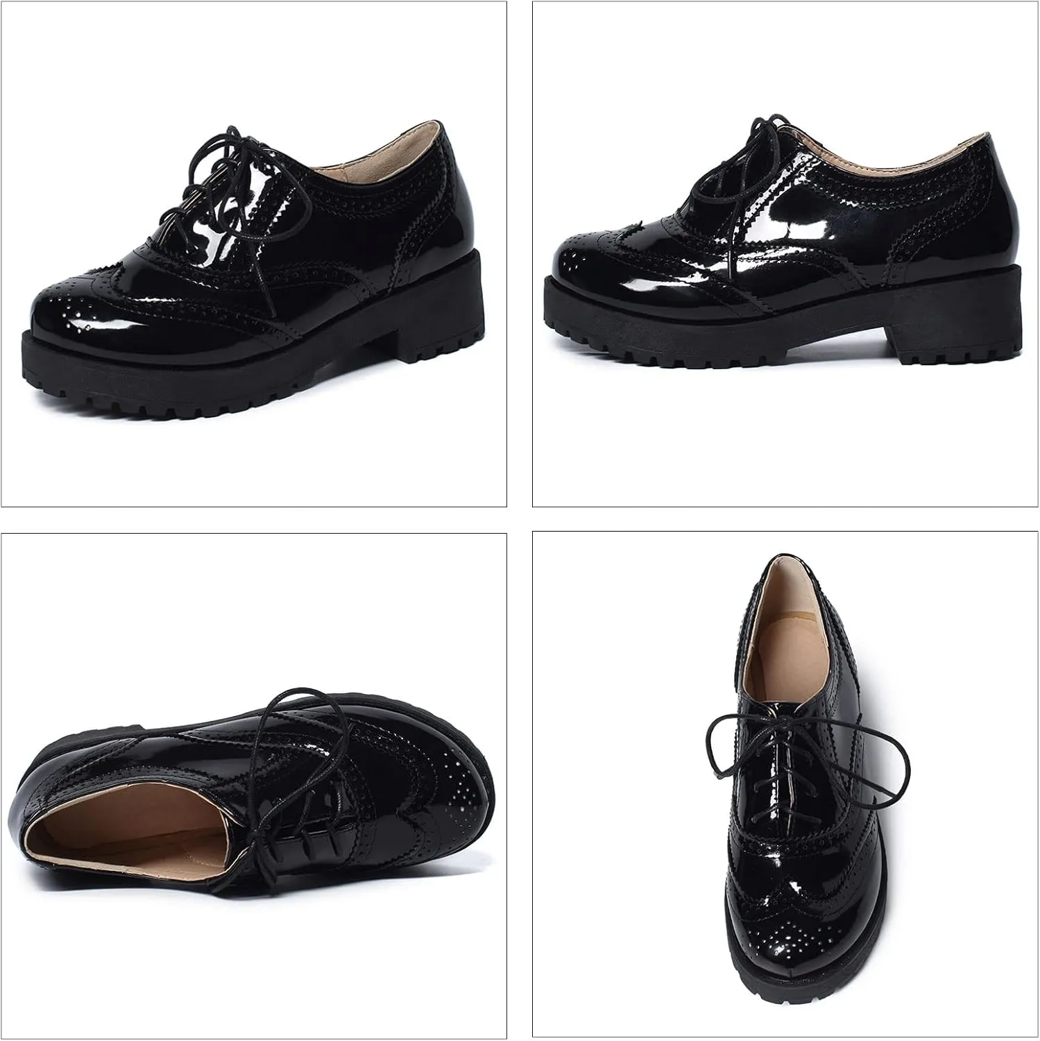 SHEMEE Patent Leather Chunky Mid Heels Wingtip Oxfords Lug Sole Brogues Platform Saddle Shoes for Women