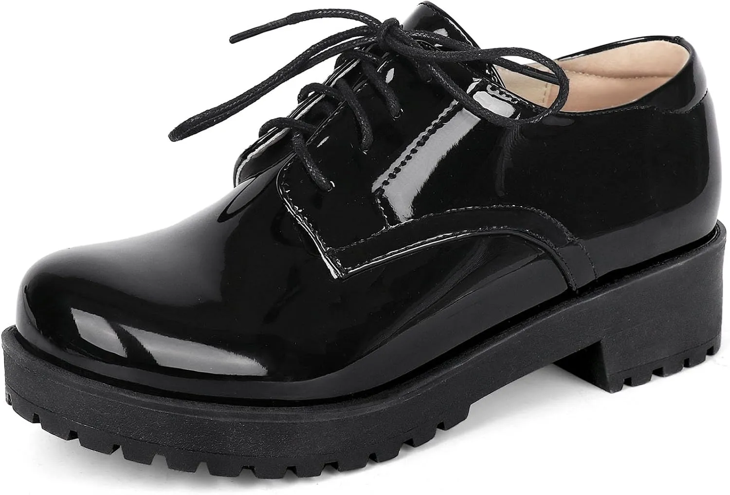 SHEMEE Patent Leather Chunky Mid Heels Wingtip Oxfords Lug Sole Brogues Platform Saddle Shoes for Women