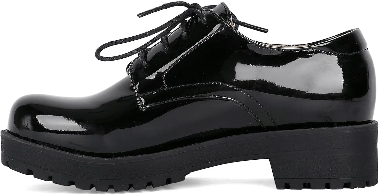 SHEMEE Patent Leather Chunky Mid Heels Wingtip Oxfords Lug Sole Brogues Platform Saddle Shoes for Women