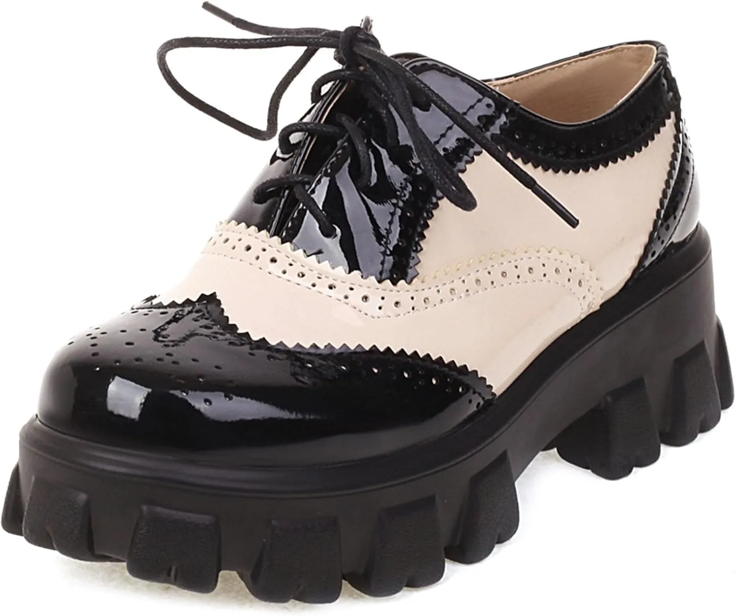 SHEMEE Patent Leather Chunky Mid Heels Wingtip Oxfords Lug Sole Brogues Platform Saddle Shoes for Women