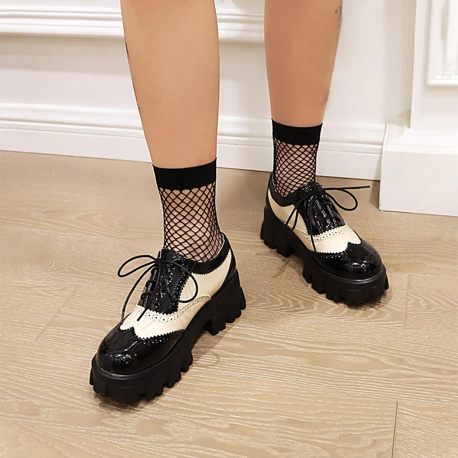 SHEMEE Patent Leather Chunky Mid Heels Wingtip Oxfords Lug Sole Brogues Platform Saddle Shoes for Women