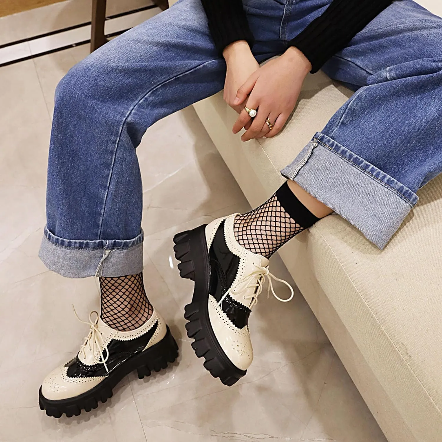SHEMEE Patent Leather Chunky Mid Heels Wingtip Oxfords Lug Sole Brogues Platform Saddle Shoes for Women