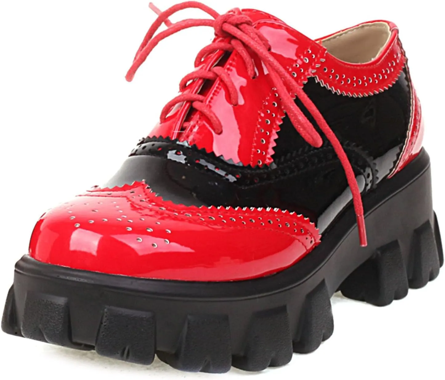 SHEMEE Patent Leather Chunky Mid Heels Wingtip Oxfords Lug Sole Brogues Platform Saddle Shoes for Women