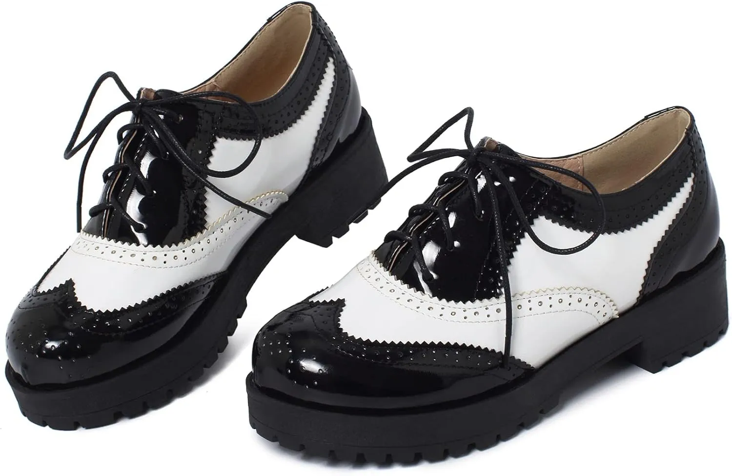 SHEMEE Patent Leather Chunky Mid Heels Wingtip Oxfords Lug Sole Brogues Platform Saddle Shoes for Women