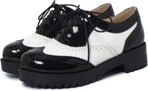 SHEMEE Patent Leather Chunky Mid Heels Wingtip Oxfords Lug Sole Brogues Platform Saddle Shoes for Women
