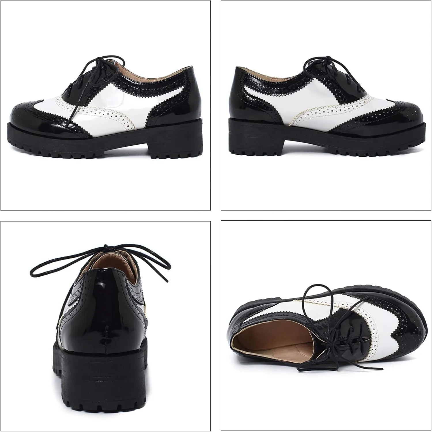 SHEMEE Patent Leather Chunky Mid Heels Wingtip Oxfords Lug Sole Brogues Platform Saddle Shoes for Women
