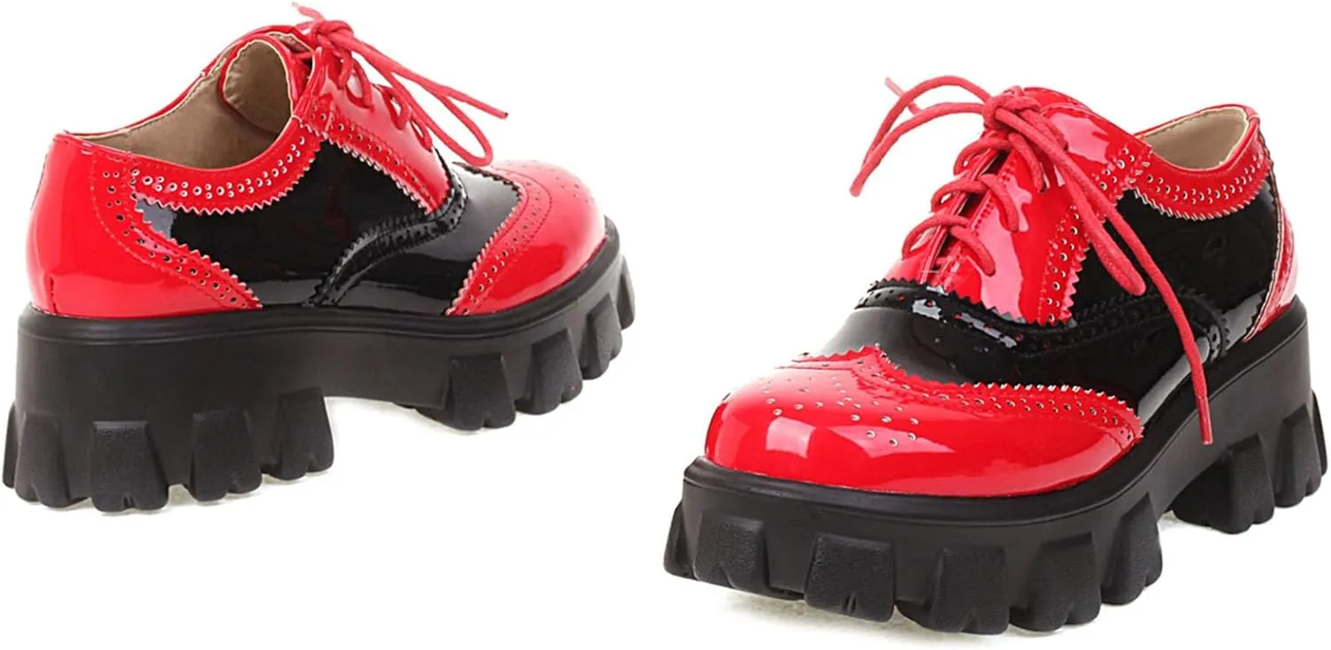 SHEMEE Patent Leather Chunky Mid Heels Wingtip Oxfords Lug Sole Brogues Platform Saddle Shoes for Women