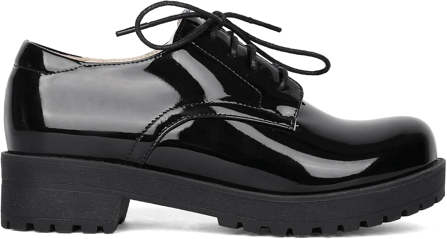 SHEMEE Patent Leather Chunky Mid Heels Wingtip Oxfords Lug Sole Brogues Platform Saddle Shoes for Women