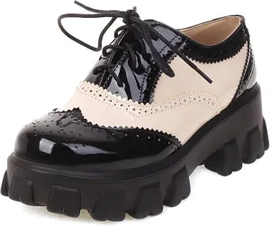 SHEMEE Patent Leather Chunky Mid Heels Wingtip Oxfords Lug Sole Brogues Platform Saddle Shoes for Women