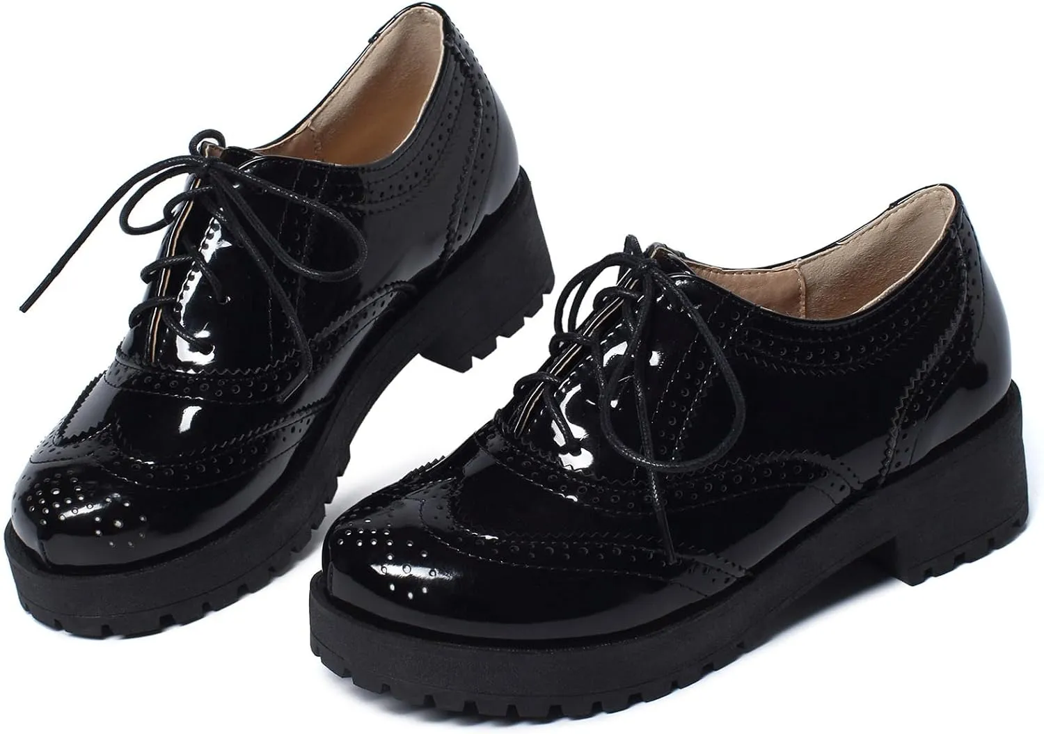 SHEMEE Patent Leather Chunky Mid Heels Wingtip Oxfords Lug Sole Brogues Platform Saddle Shoes for Women
