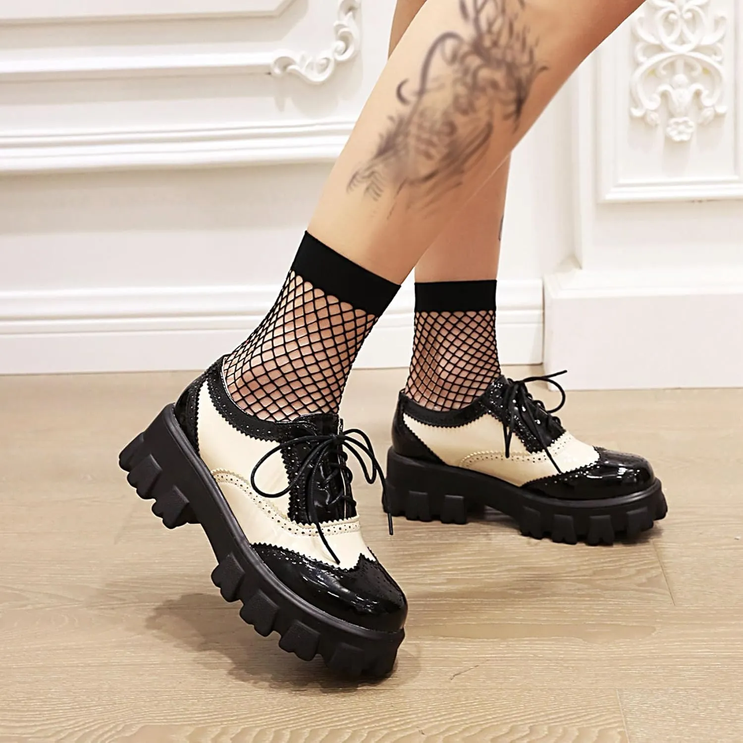 SHEMEE Patent Leather Chunky Mid Heels Wingtip Oxfords Lug Sole Brogues Platform Saddle Shoes for Women