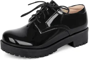 SHEMEE Patent Leather Chunky Mid Heels Wingtip Oxfords Lug Sole Brogues Platform Saddle Shoes for Women