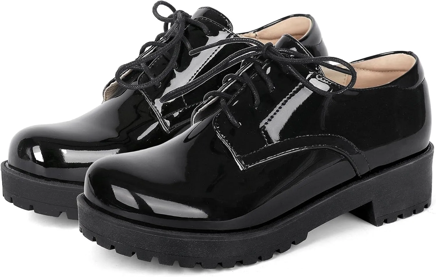 SHEMEE Patent Leather Chunky Mid Heels Wingtip Oxfords Lug Sole Brogues Platform Saddle Shoes for Women