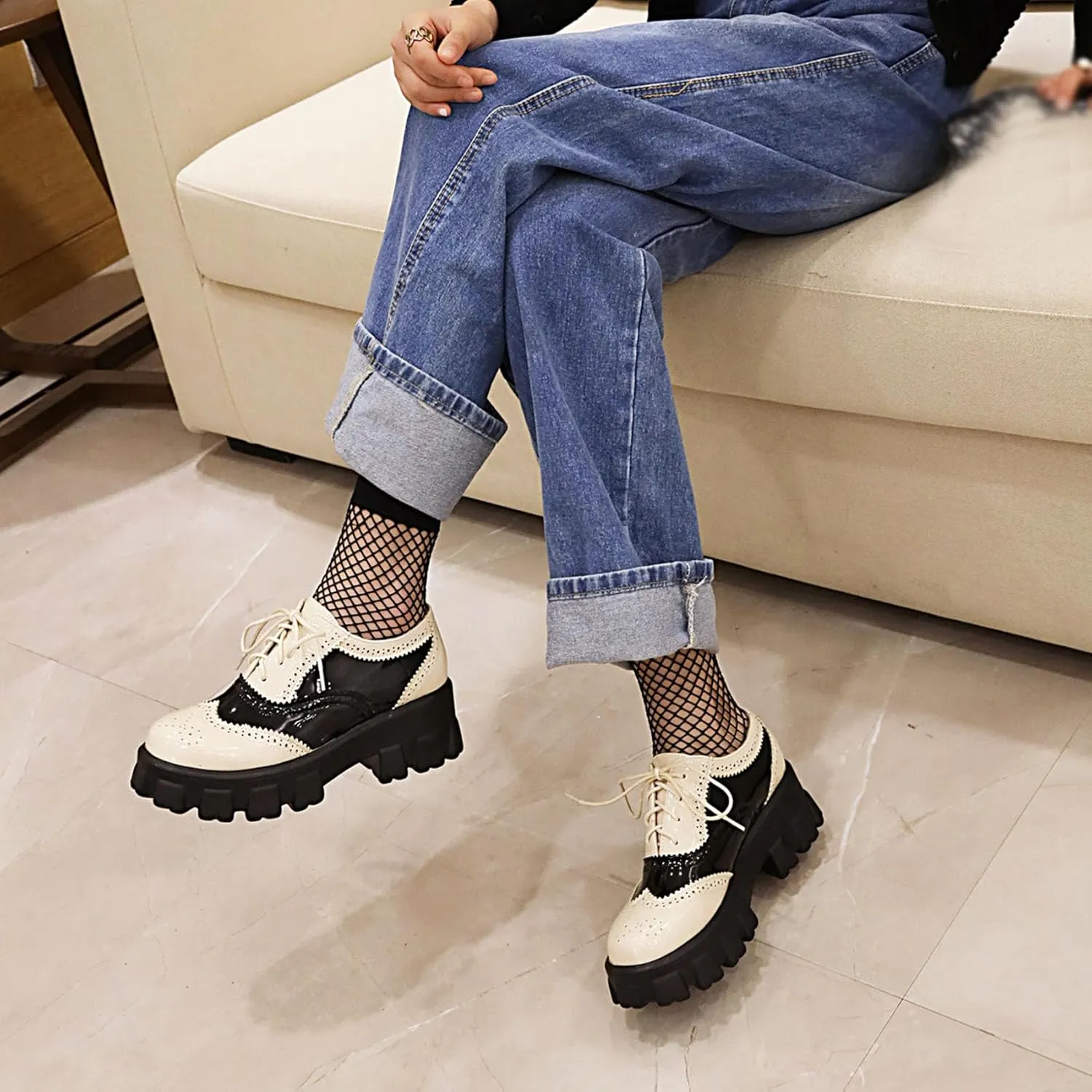 SHEMEE Patent Leather Chunky Mid Heels Wingtip Oxfords Lug Sole Brogues Platform Saddle Shoes for Women