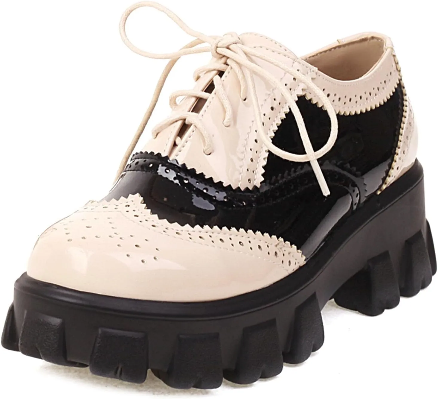 SHEMEE Patent Leather Chunky Mid Heels Wingtip Oxfords Lug Sole Brogues Platform Saddle Shoes for Women