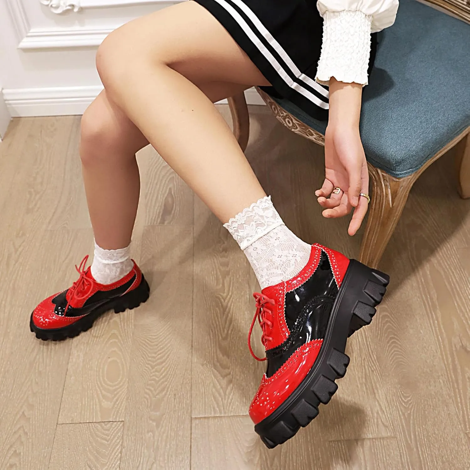SHEMEE Patent Leather Chunky Mid Heels Wingtip Oxfords Lug Sole Brogues Platform Saddle Shoes for Women
