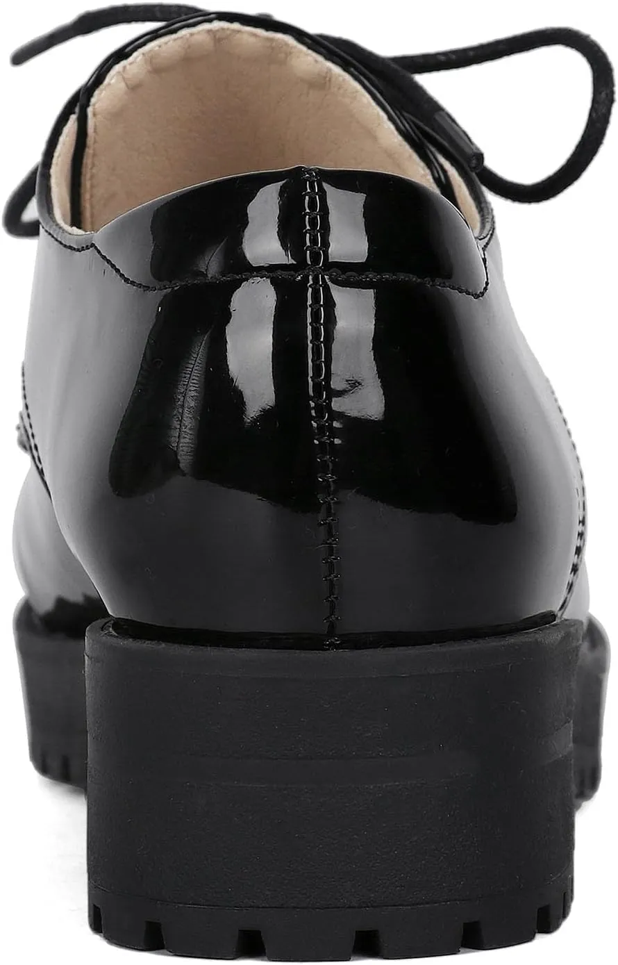 SHEMEE Patent Leather Chunky Mid Heels Wingtip Oxfords Lug Sole Brogues Platform Saddle Shoes for Women