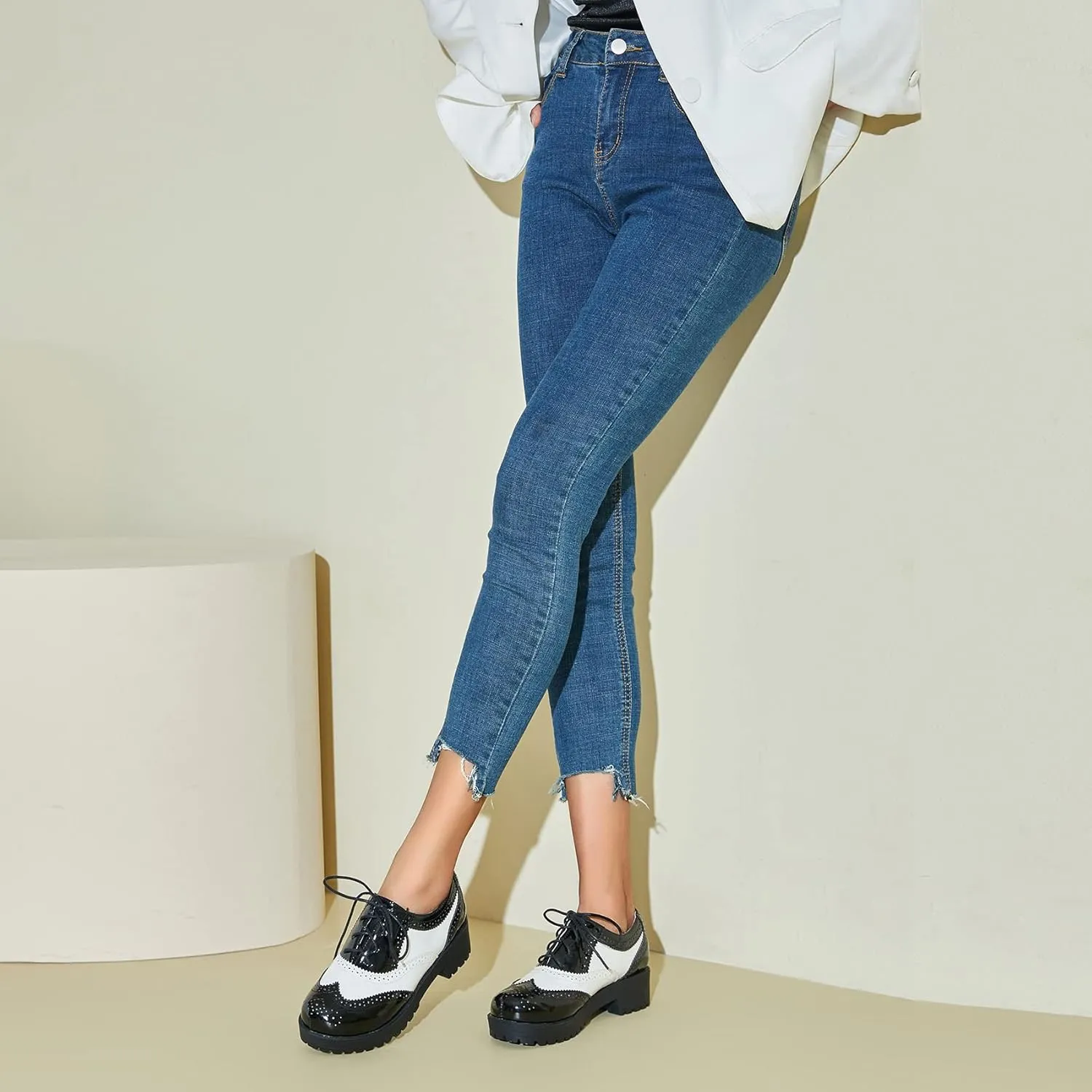 SHEMEE Patent Leather Chunky Mid Heels Wingtip Oxfords Lug Sole Brogues Platform Saddle Shoes for Women