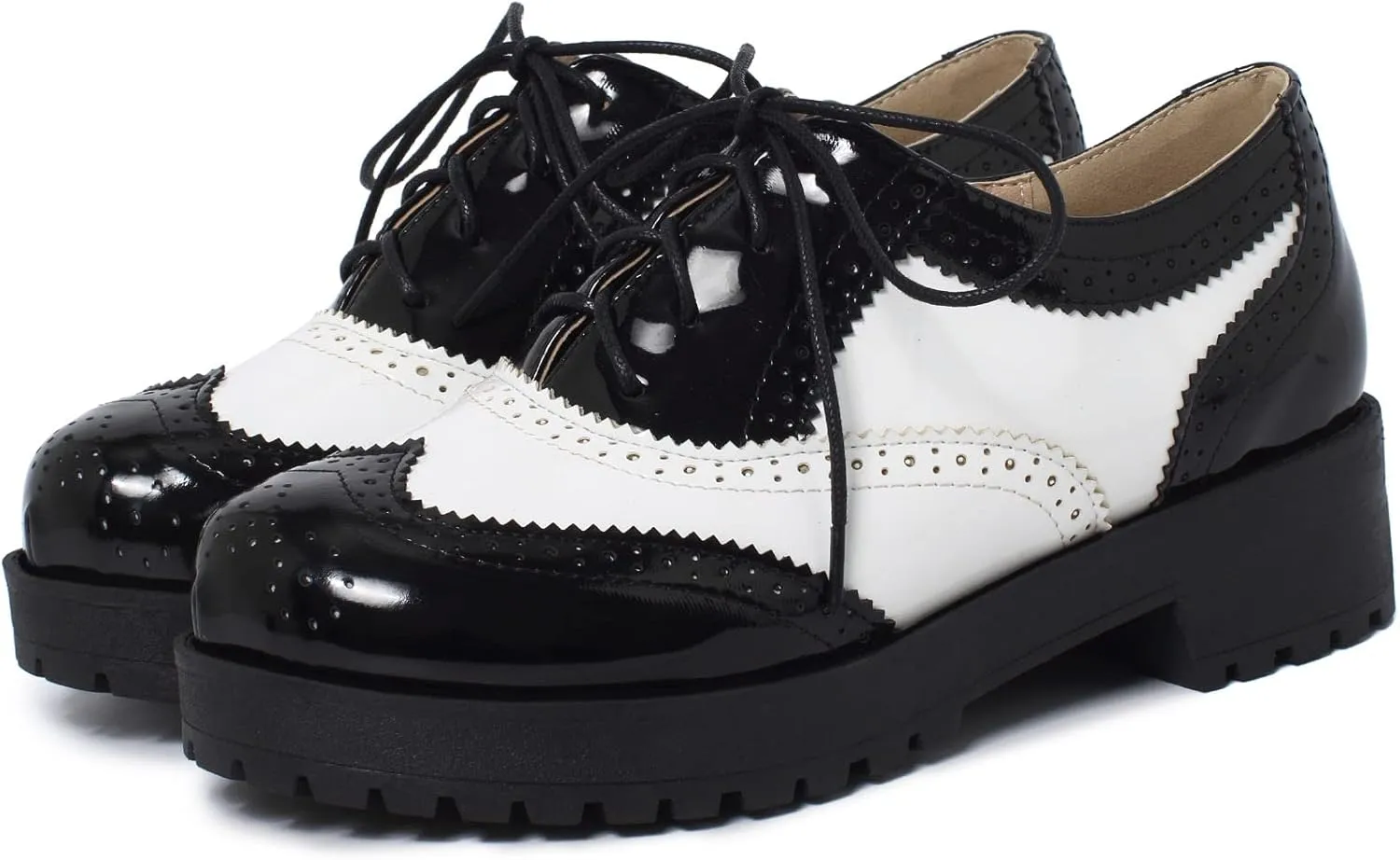 SHEMEE Patent Leather Chunky Mid Heels Wingtip Oxfords Lug Sole Brogues Platform Saddle Shoes for Women