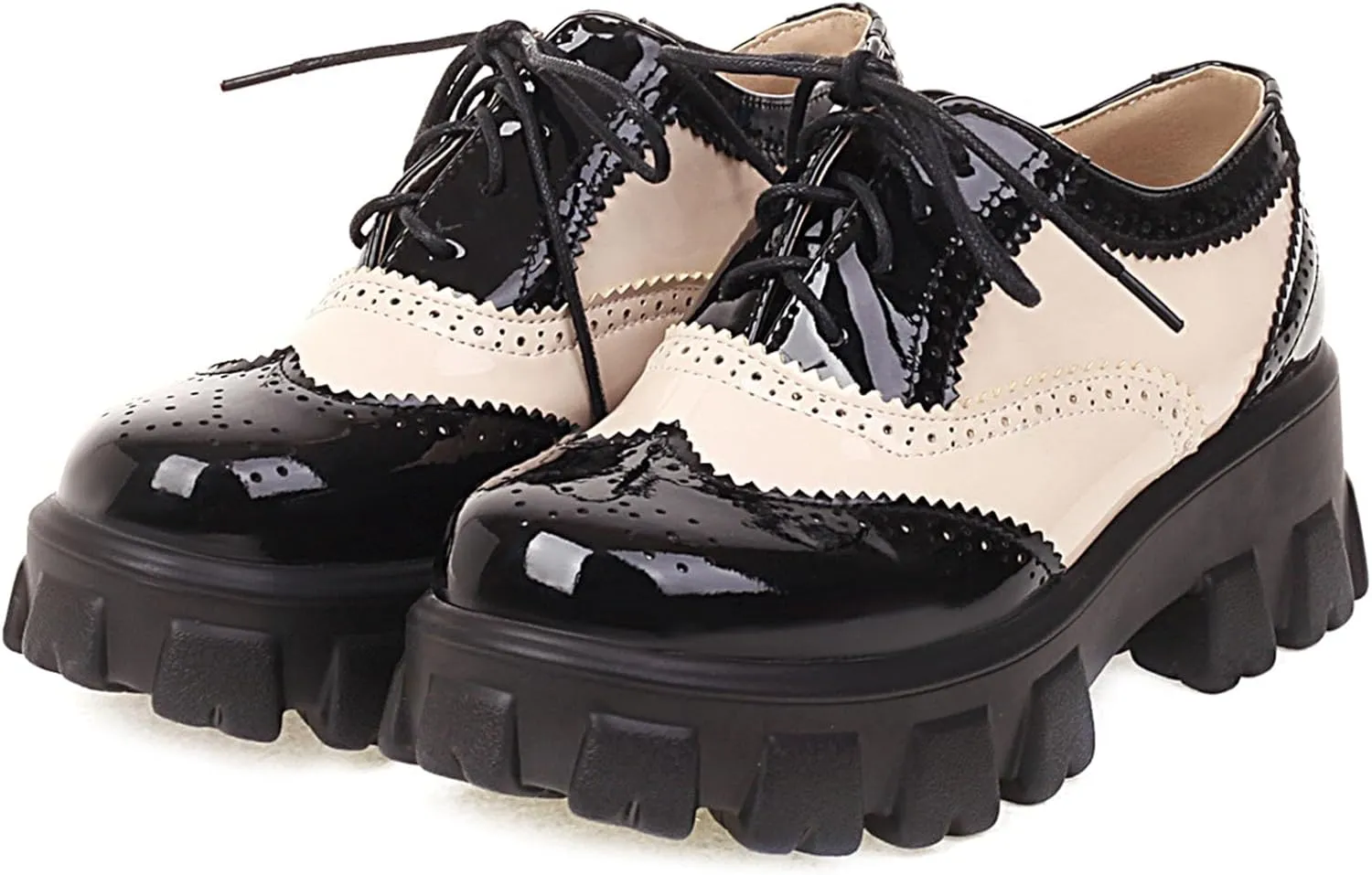 SHEMEE Patent Leather Chunky Mid Heels Wingtip Oxfords Lug Sole Brogues Platform Saddle Shoes for Women