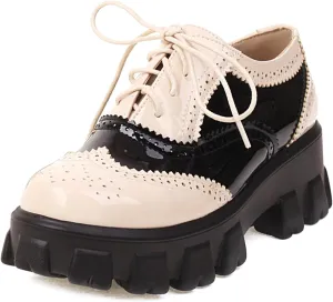 SHEMEE Patent Leather Chunky Mid Heels Wingtip Oxfords Lug Sole Brogues Platform Saddle Shoes for Women