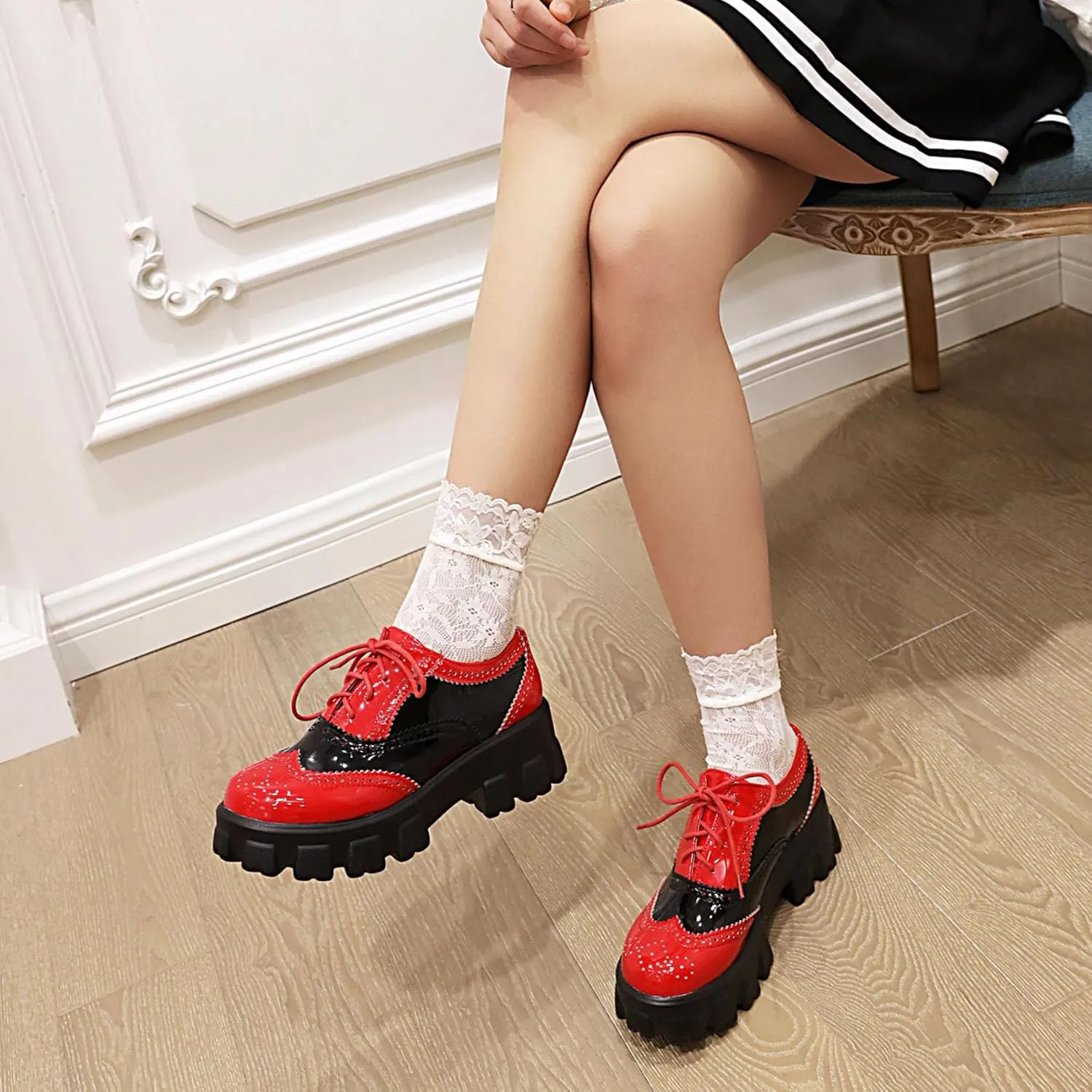 SHEMEE Patent Leather Chunky Mid Heels Wingtip Oxfords Lug Sole Brogues Platform Saddle Shoes for Women