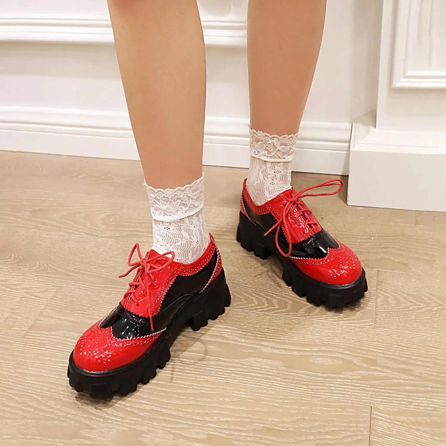 SHEMEE Patent Leather Chunky Mid Heels Wingtip Oxfords Lug Sole Brogues Platform Saddle Shoes for Women