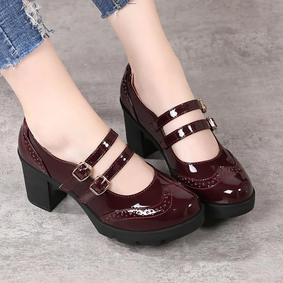 SHEMEE Women's Chunky Platform Patent Leather Mary Janes Pumps Buckle Ankle Strap Block High Heels Wingtip Oxfords Dress Shoes Uniform