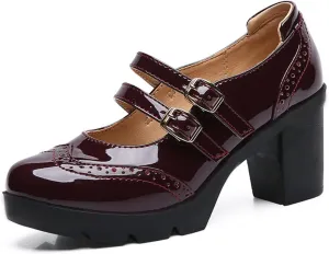 SHEMEE Women's Chunky Platform Patent Leather Mary Janes Pumps Buckle Ankle Strap Block High Heels Wingtip Oxfords Dress Shoes Uniform