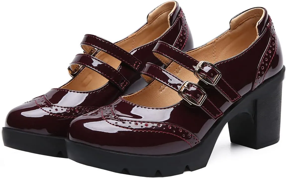 SHEMEE Women's Chunky Platform Patent Leather Mary Janes Pumps Buckle Ankle Strap Block High Heels Wingtip Oxfords Dress Shoes Uniform