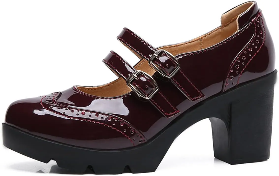 SHEMEE Women's Chunky Platform Patent Leather Mary Janes Pumps Buckle Ankle Strap Block High Heels Wingtip Oxfords Dress Shoes Uniform